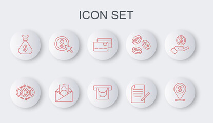 Set line Cash location, Money exchange, Credit card, Document and pen, bag, Coin money with dollar, Envelope symbol and ATM icon. Vector