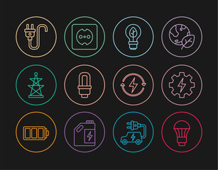 Set line LED light bulb, Gear and lightning, Light with leaf, Electric tower, plug, Recharging and Electrical outlet icon. Vector