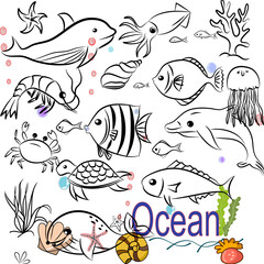 Set of life animals doodles under the sea,handraw icon illustrations on white background.