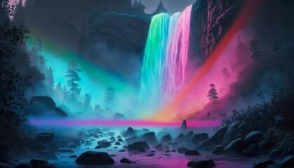 A neon waterfall with a glowing mist and rainbow  Generative AI