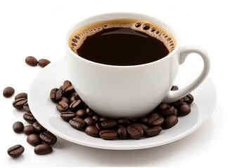 Fototapeta premium Photo Black coffee in a coffee cup decorated with isolated beans on a white background. AI-generated images
