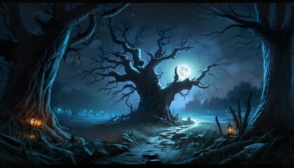 Fototapeta premium A haunted wood with eerie howls glowing eyes and a full moon in the sky Generative AI