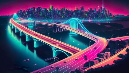 A neon city with a glowing rainbow bridge that connects two islands  Generative AI