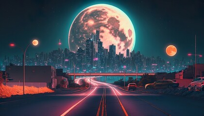 A neon cityscape with a glowing moonrise in the background  Generative AI