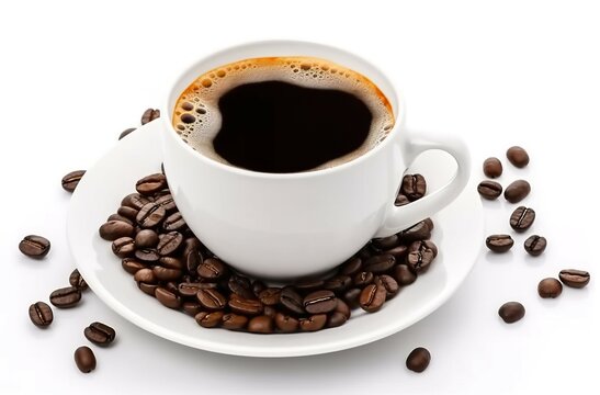 Photo Black coffee in a coffee cup decorated with isolated beans on a white background. AI-generated images