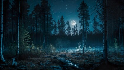Photograph of a forest at night with a full moon 50mm f2.8 cinematic unsplash  Generative AI