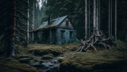 Photograph of a forest with a creepy abandoned cabin 50mm f4 cinematic unsplash  Generative AI