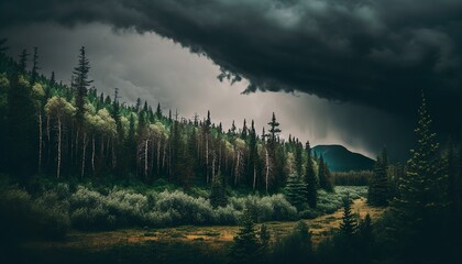 Photograph of a forest with dark storm clouds overhead 50mm f5.6 cinematic unsplash  Generative AI