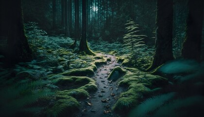 Photograph of a forest with mysterious footprints or signs of an unknown creature 50mm f2.8 cinematic unsplash  Generative AI