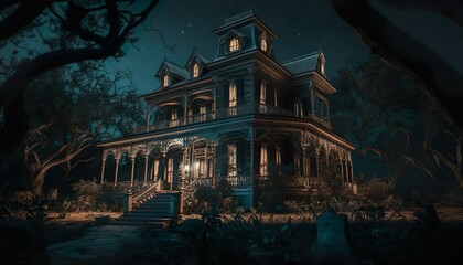 Photograph of a haunted mansion at night 50mm f2 cinematic unsplash  Generative AI