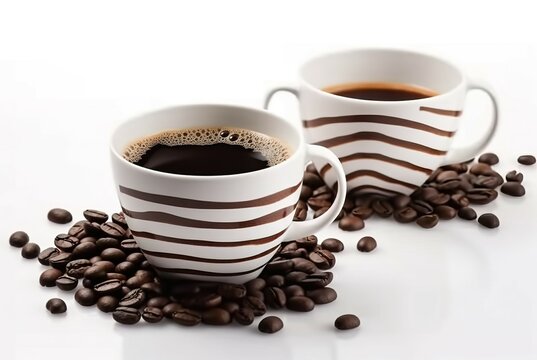 Photo Black coffee in a coffee cup decorated with isolated beans on a white background. AI-generated images