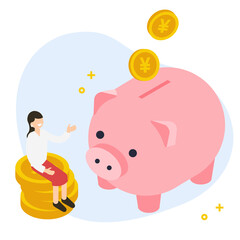 豚の貯金箱と積み上げたコインの上に座る女性のアイソメトリックイラスト