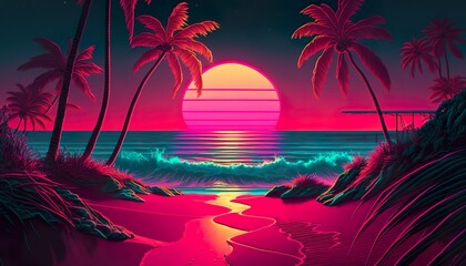 A neon beach with glowing palm trees and a sunset on the horizon  Generative AI