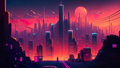 A neon city with a glowing sunset that illuminates the skyline  Generative AI