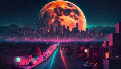 A neon city with a glowing full moon in the background  Generative AI
