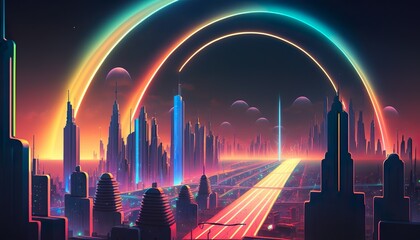 A neon city with a glowing rainbow that arches over the skyline  Generative AI