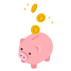 (複数の値)かわいい豚の貯金箱にコインが入るアイソメトリックイラスト
