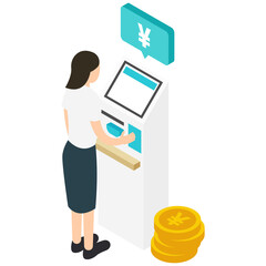 精算機で支払いをする女性のアイソメトリックイラスト