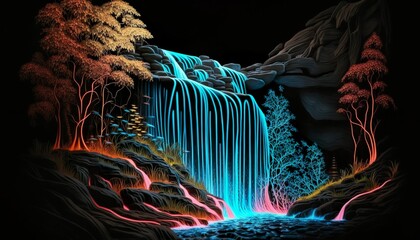 A neon waterfall that cascades down a black background  Generative AI