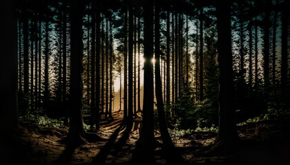 Photograph of a forest at sunset with dark shadows and silhouettes 35mm f2.8 cinematic unsplash  Generative AI