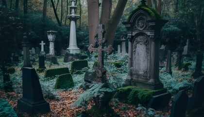 Photograph of a forest with a haunted graveyard 35mm f5.6 cinematic unsplash  Generative AI