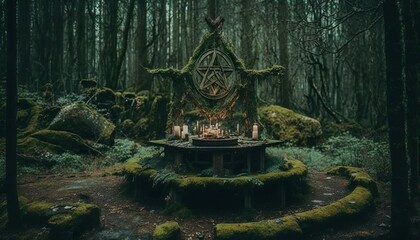 Photograph of a forest with a mysterious altar or ritual site 35mm f8 cinematic unsplash  Generative AI