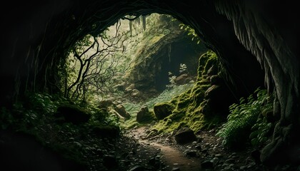 Photograph of a forest with a mysterious cave entrance 35mm f3.5 cinematic unsplash  Generative AI