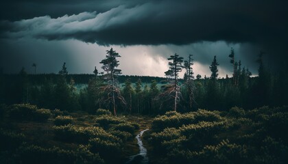 Photograph of a forest with dark storm clouds overhead 50mm f5.6 cinematic unsplash  Generative AI
