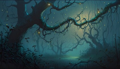 A misty forest with glowing fireflies twisted branches and a sense of mystery  Generative AI
