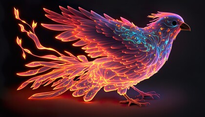 A neon bird with glowing feathers that flap and glide  Generative AI