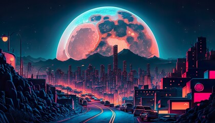 A neon city with a glowing moon in the background  Generative AI