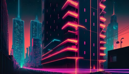 A neon cityscape with glowing windows and a pulsing neon sign on a skyscraper  Generative AI