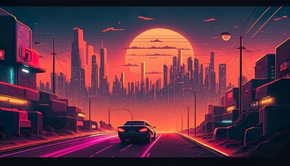 A neon city with a glowing sunset that illuminates the skyline  Generative AI