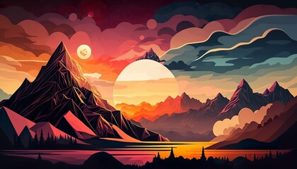 An abstract landscape with mountains and a sunrise/sunset sky  Generative AI