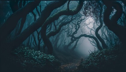 Photograph of a dark forest with twisted trees and fog 35mm f5.6 cinematic unsplash  Generative AI