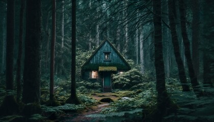 Photograph of a forest with a creepy abandoned cabin 50mm f4 cinematic unsplash  Generative AI