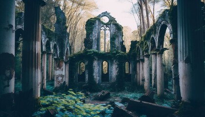 Photograph of a forest with abandoned ruins or ancient architecture 35mm f5.6 cinematic unsplash  Generative AI