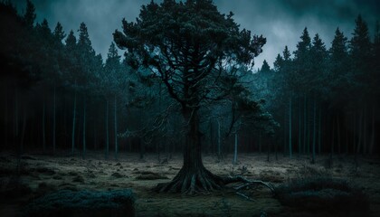 Photograph of a forest with an ominous-looking tree or group of trees 50mm f4 cinematic unsplash  Generative AI