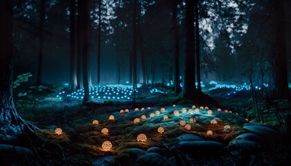 Photograph of a forest with eerie glowing mushrooms on the ground 35mm f2.8 cinematic unsplash  Generative AI