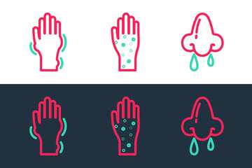 Set line Runny nose, Hand with psoriasis or eczema and icon. Vector