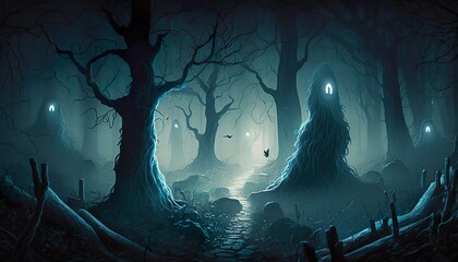 A haunted forest with ghostly apparitions glowing eyes and a chilling atmosphere  Generative AI
