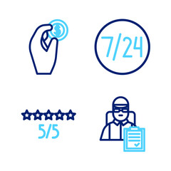 Set line Delivery man with cardboard boxes, Consumer or customer product rating, Clock 24 hours and Hand holding coin money icon. Vector