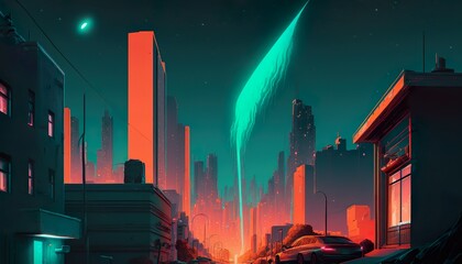 A neon city with a glowing comet streaking across the sky  Generative AI