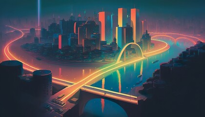 A neon city with a glowing rainbow that arches over the river  Generative AI