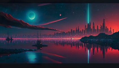 A neon city with a glowing aurora over the skyline and reflections in the water  Generative AI
