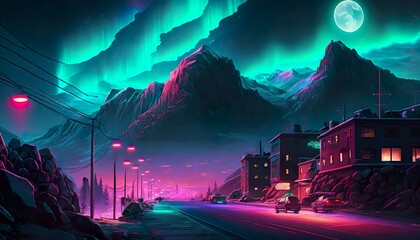 A neon city with a glowing aurora borealis in the background  Generative AI