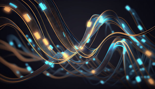 Luminous wavy glowing data cables with sparkling dots on black background. Network connection concept. Based on Generative AI