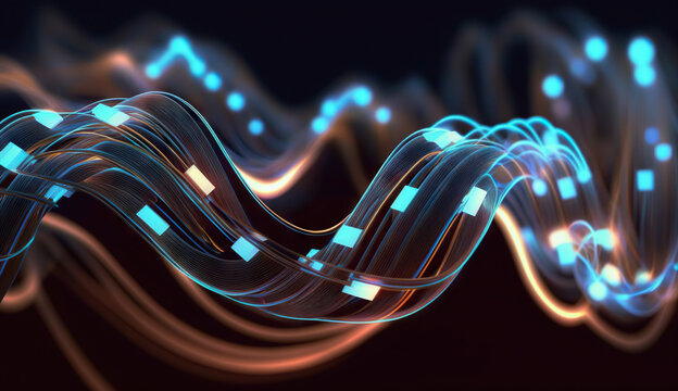 Luminous wavy glowing data cables with sparkling dots on black background. Network connection concept. Based on Generative AI