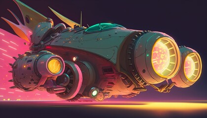 A neon spaceship with glowing thrusters and a trail of colorful exhaust  Generative AI