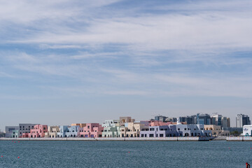Morning view of Mina District Corniche in old Doha port, Qatar.